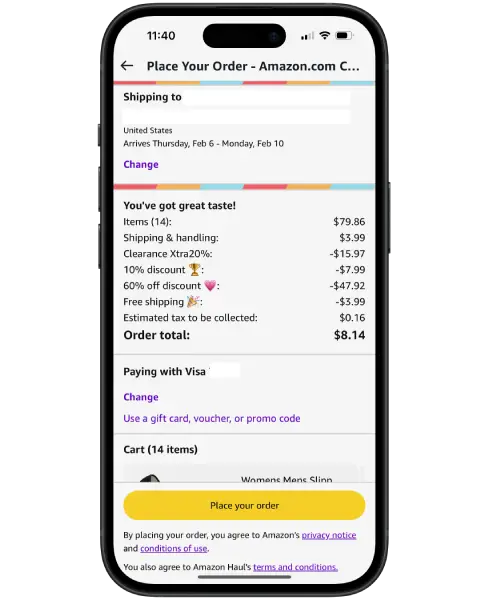 Amazon cart showing all discounts applied